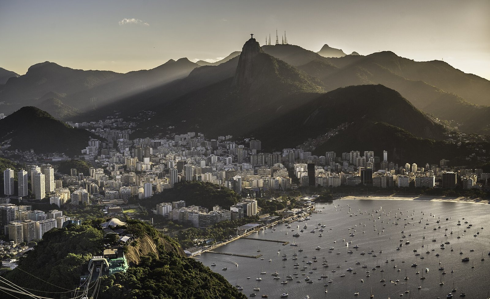 Sugarloaf Mountain at sunset seen across Guanabara Bay in Rio de Janeiro