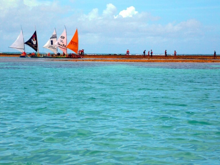 Piscinas naturais de Porto de Galinhas na maré baixa, com água verde-clara entre os recifes, jangadas coloridas e banhistas em pé sobre os corais