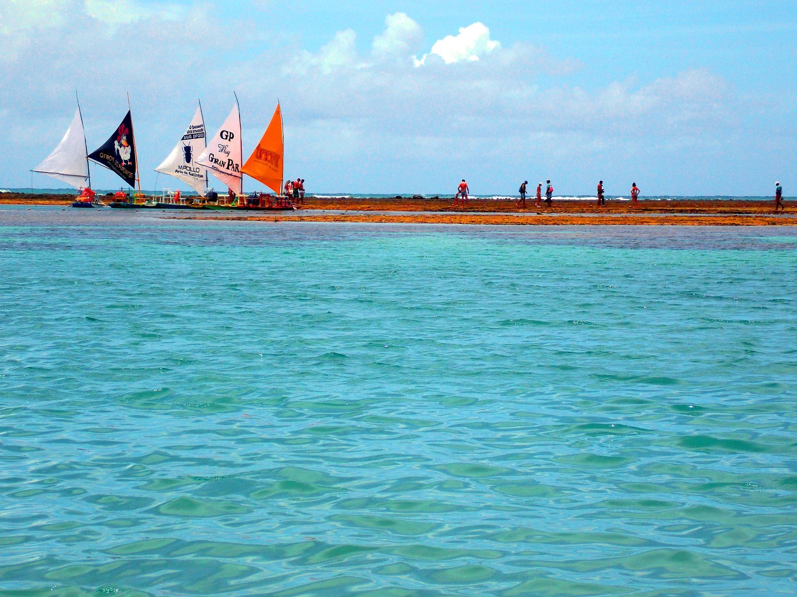 Piscinas naturais de Porto de Galinhas na maré baixa, com água verde-clara entre os recifes, jangadas coloridas e banhistas em pé sobre os corais