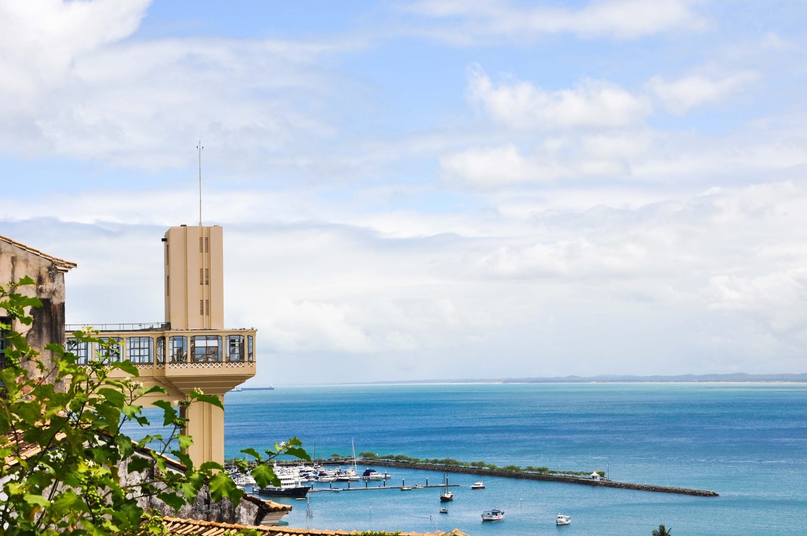 The Lacerda Elevator in Salvador, Brazil, seen from the Upper City, with its Art Deco tower and the Bay of All Saints behind it